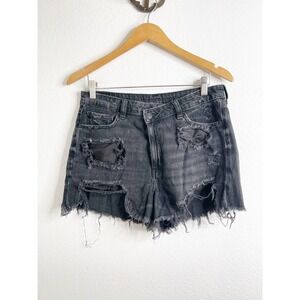 American Eagle Black Distressed Asymmetrical Fly Denim Shorts Size 10 High Rise